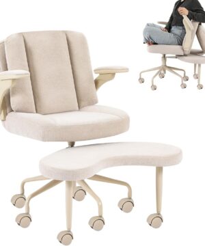 Pipersong Meditation Cross Legged Armchair, ADHD Chair with Adjustable Armrests, Criss Cross Desk Chair with Flexible Back Cushion, Swivel Footrest, Arm Support and Wheels for Home Office, Beige