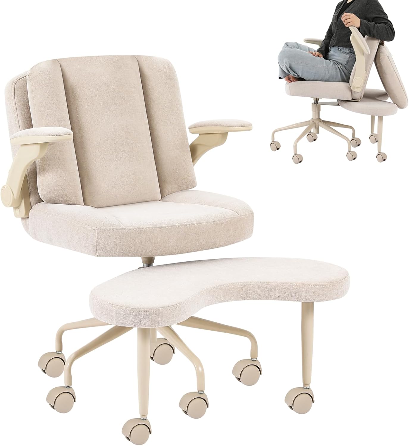 Pipersong Meditation Cross Legged Armchair, ADHD Chair with Adjustable Armrests, Criss Cross Desk Chair with Flexible Back Cushion, Swivel Footrest, Arm Support and Wheels for Home Office, Beige