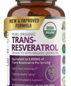 Purity Labs Trans-Resveratrol Supplement 5,000 mg Equivalent per Serving with Quercetin, USDA Organic High Potency Antioxidant, Vegan Capsules, 90 Count