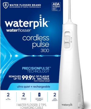 Waterpik Cordless Pulse Rechargeable Portable Water Flosser for Teeth, Gums, Braces Care and Travel with 2 Flossing Tips, Waterproof for Shower, ADA Accepted, WF-20 White, Packaging and Tips May Vary