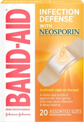 Band-Aid Brand Adhesive Bandages Infection Defense with Neosporin Antibiotic Ointment, Pack of Assorted Sizes, for Wound Care and First Aid, 20 ct