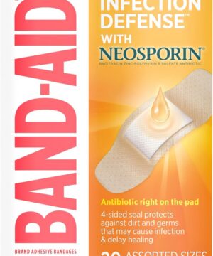 Band-Aid Brand Adhesive Bandages Infection Defense with Neosporin Antibiotic Ointment, Pack of Assorted Sizes, for Wound Care and First Aid, 20 ct