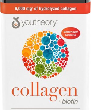Youtheory Collagen + Biotin - Advanced Collagen Supplement - with Hydrolyzed Peptides, Vitamin C & Vitamin B - Supports Hair Growth, Nail Health & Skin - 390 Tablets