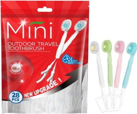 28 Packs Mini Brushes-Disposable Toothbrushes with Toothpaste + Floss + Pick + Tongue Scraper Travel Size Individually Wrapped Business Trip Work or Travel (Mix Flover)