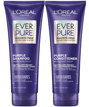 L’Oreal Paris EverPure Sulfate Free Brass Toning Purple Shampoo and Conditioner Set for Blonde, Bleached, Silver, or Brown Highlighted Hair, 1 Kit