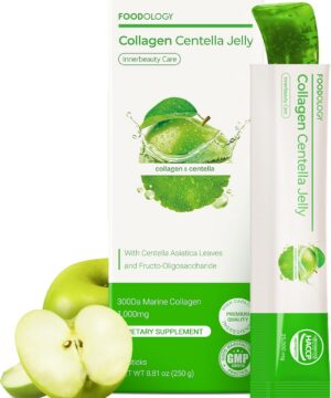 FOODOLOGY Collagen Centella Jelly (Green Apple) – Collagen Peptide with PDRN – Biotin, Vitamin A & E for Skin Glow, Hair & Nails – Korean Beauty Supplement – 10 Sticks