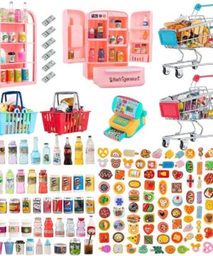 164Pcs Mini Shopping Cart Basket Miniature Food Drink Toy Supermarket Metal Handcart Trolley DollHouse Store Grocery Accessories Kitchen Play Game Party Model Shelves Cash Register Refrigerator Fridge