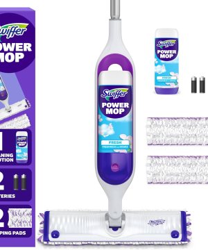 Swiffer PowerMop Mopping Kit for Floor Cleaning, Set Includes 1 Power Mop, 2 Replacement Pads, 1 Liquid Solution Refill, 2 Batteries, No Bucket Needed Electric Spray Cleaner, Multi-Surface and Wood