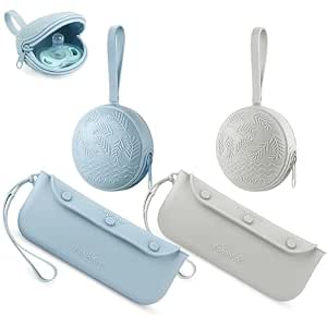 PandaEar 4 Pack Pacifier Holder Case Set, 2 Pack Silicone Portable Travel Pacifier Pouch & 2 Pack Silicone Baby Cutlery Holder Bags, BPA Free, Universal Accessories Holders (Light Blue,Grey)