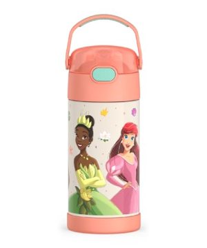 THERMOS FUNTAINER Water Bottle with Straw - 12 Ounce - Kids Stainless Steel Vacuum Insulated Water Bottle with Lid, Princesses
